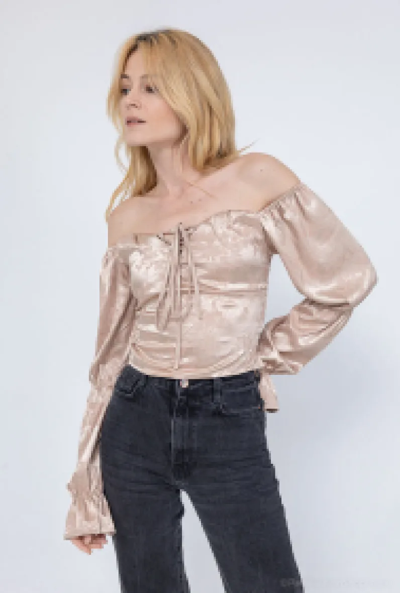 Crop-Top, Satin, Blumendruck, lange Ärmel