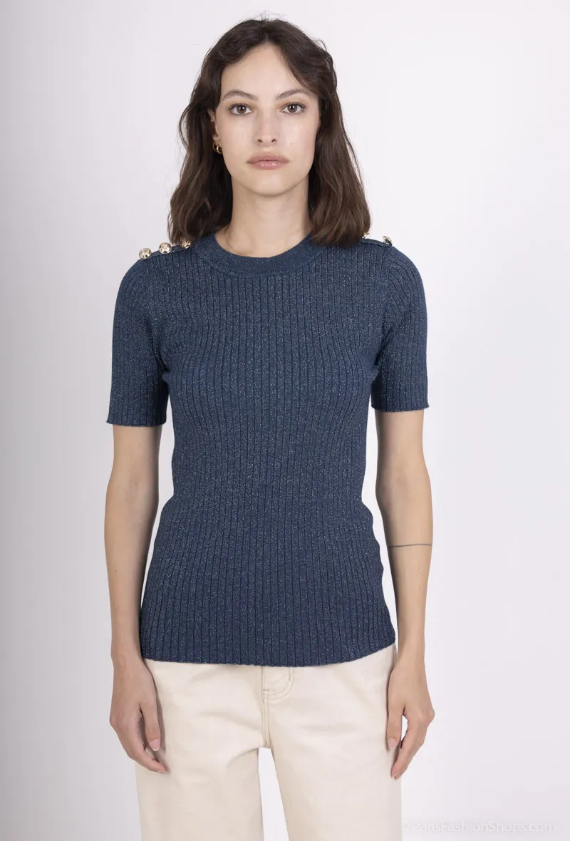Kurzärmliger Pullover mit Schulterknöpfen und glänzenden Fäden