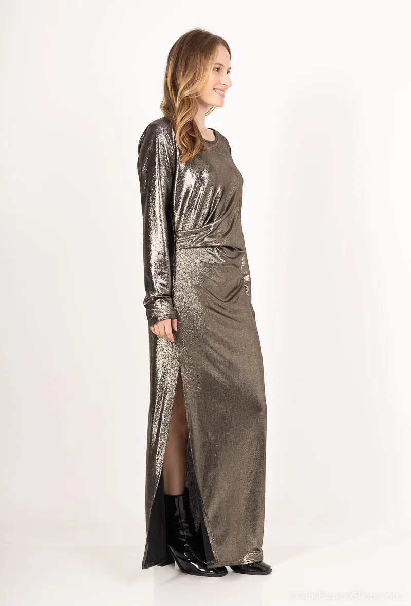 Langes Metallic-Kleid, lange Ärmel, seitliche Raffungen