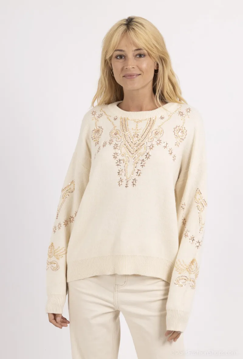 Pullover mit Rundhalsausschnitt, Woll-Touch und Pailletten-Bordüre vorne