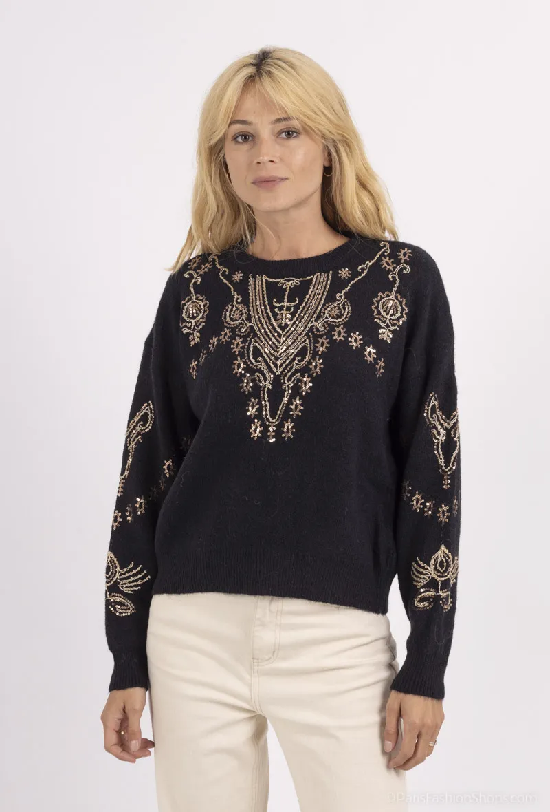 Pullover mit Rundhalsausschnitt, Woll-Touch und Pailletten-Bordüre vorne