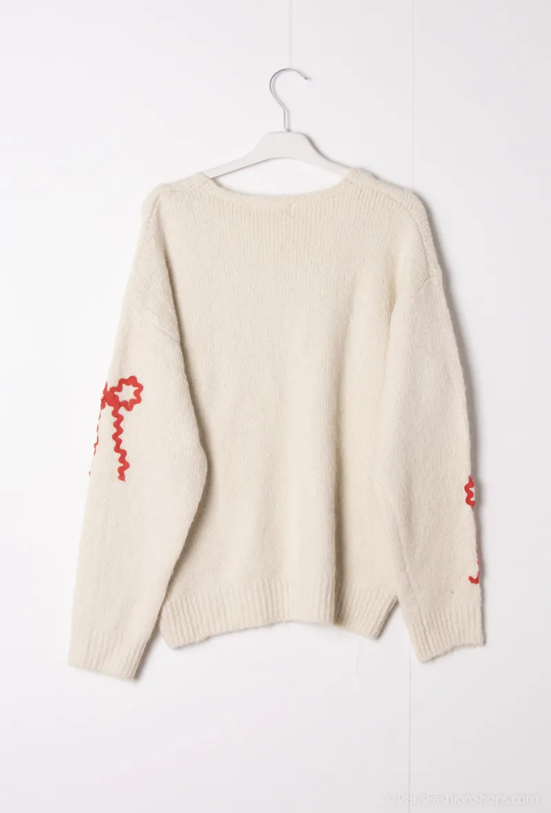 Pullover mit V-Ausschnitt aus Wolle mit Mohair-Touch und Schleifenbesatz