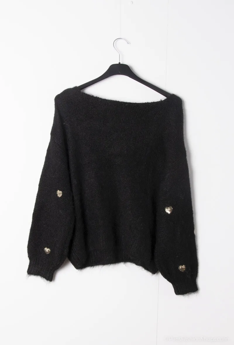 Pullover mit V-Ausschnitt und Paillettenherzen
